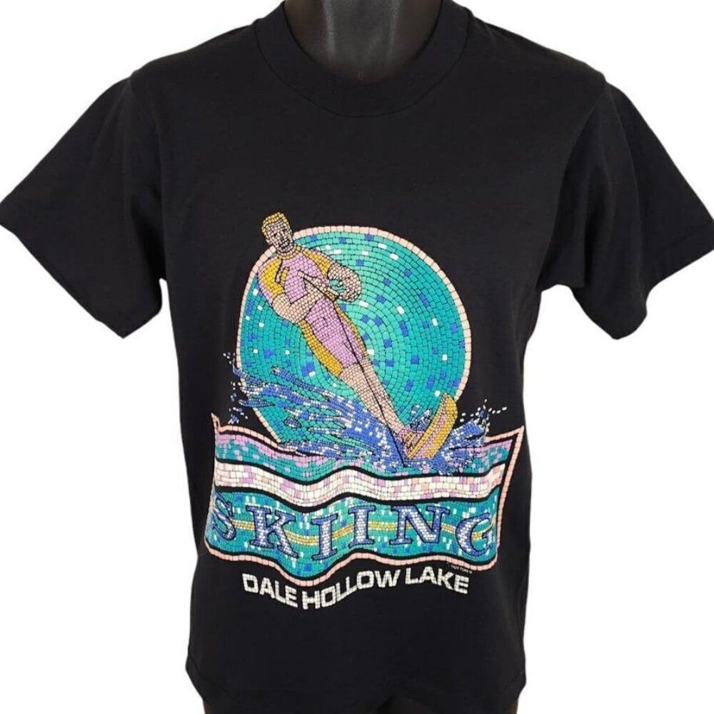 Vintage Water Skiing T Shirt Mens Size Small Black 80s 90s Dale Hollow USA
